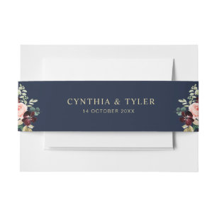 navy blue floral wedding belly band invitation belly band