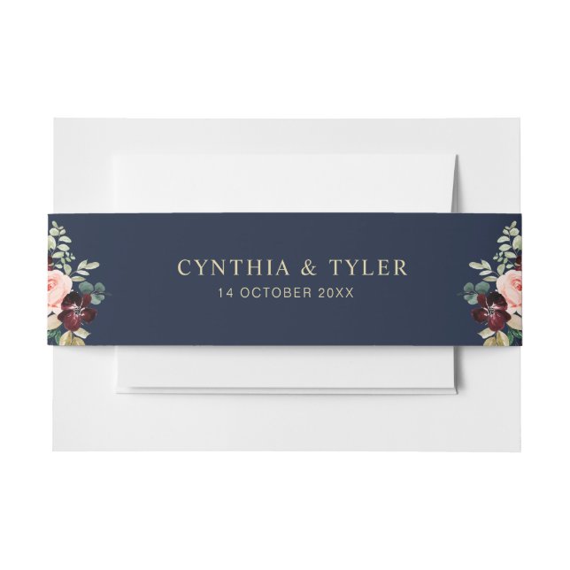 navy blue floral wedding belly band invitation belly band (Front Example)