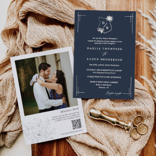 Navy Blue Floral Wedding Crest QR Code Photo Invitation
