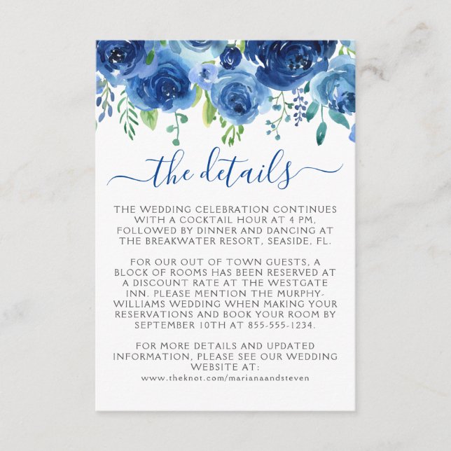 Navy Blue Floral Wedding Enclosure Card (Front)