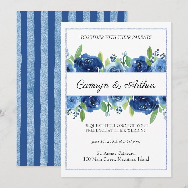Navy Blue Floral Wedding Invitation (Front/Back)