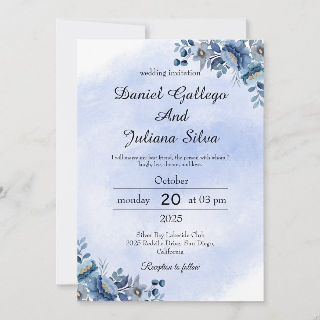 Navy Blue Floral Wedding Invitation (Front)