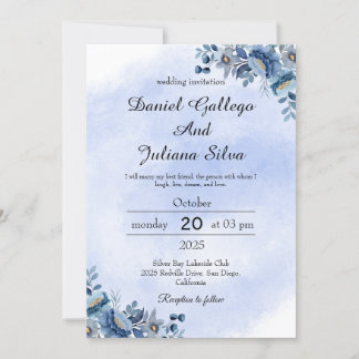 Navy Blue Floral Wedding Invitation