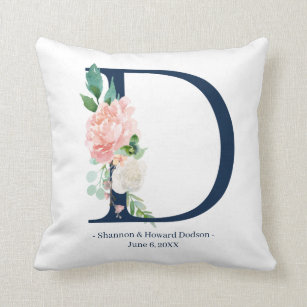 Navy Blue Floral Wedding Monogram Pillow   D