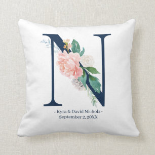 Navy Blue Floral Wedding Monogram Pillow   N