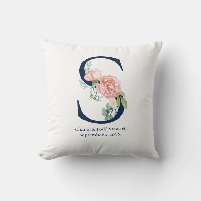 Navy Blue Floral Wedding Monogram Pillow | S (Front)