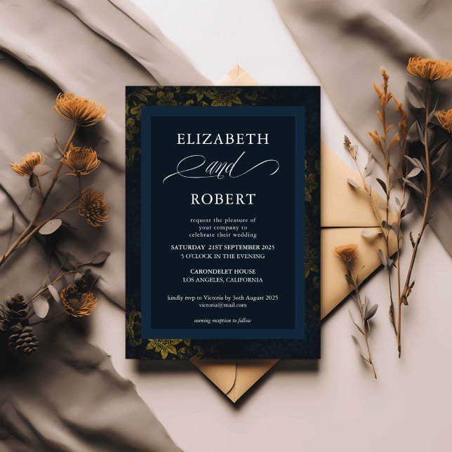 Navy Blue Floral Wedding - Sophisticated Modern Invitation (Creator Uploaded)