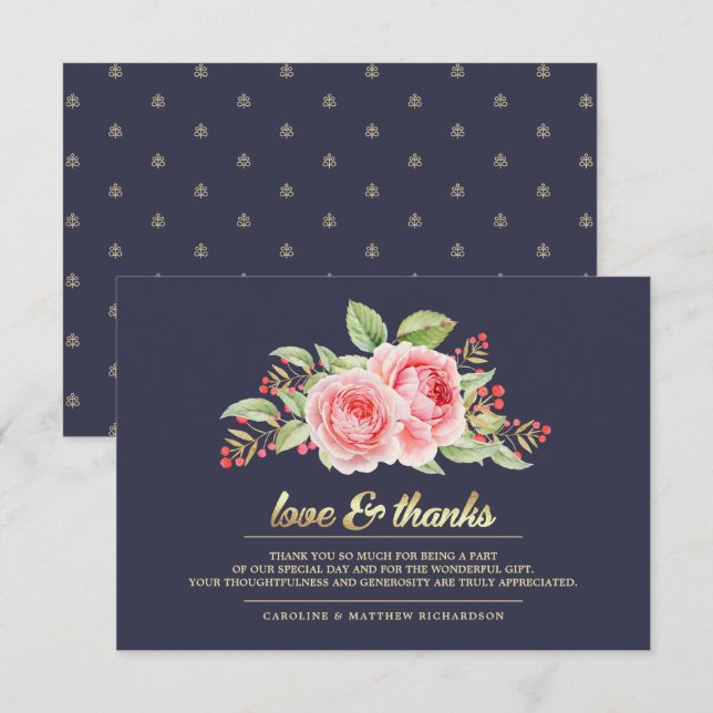 Navy Blue Floral Wedding Thank You Cards (Front/Back)