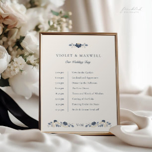 Navy Blue Floral Wedding Timeline Sign