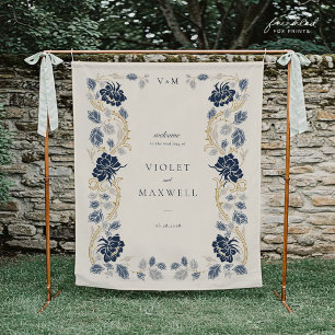 Navy Blue Floral Wedding Welcome Banner Tapestry