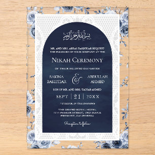 Navy Blue Floral White Lace Muslim Wedding Acrylic Invitations