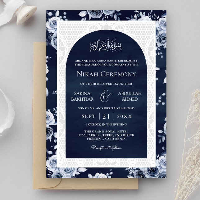 Navy Blue Floral White Lace Muslim Wedding Invitation (Creator Uploaded)