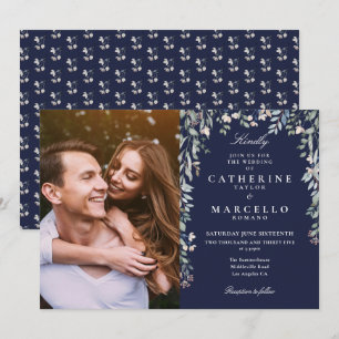 Navy Blue Floral Wildflowers Cascade Photo Wedding Invitation