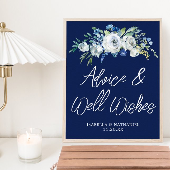 Navy Blue Floral Winter Wedding Advice Well Wishes Poster (Creator Uploaded)
