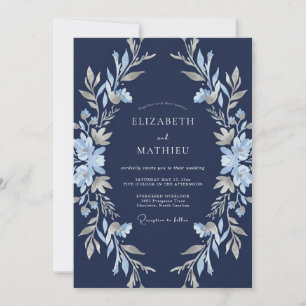Navy Blue Floral Winter Wedding Invitation