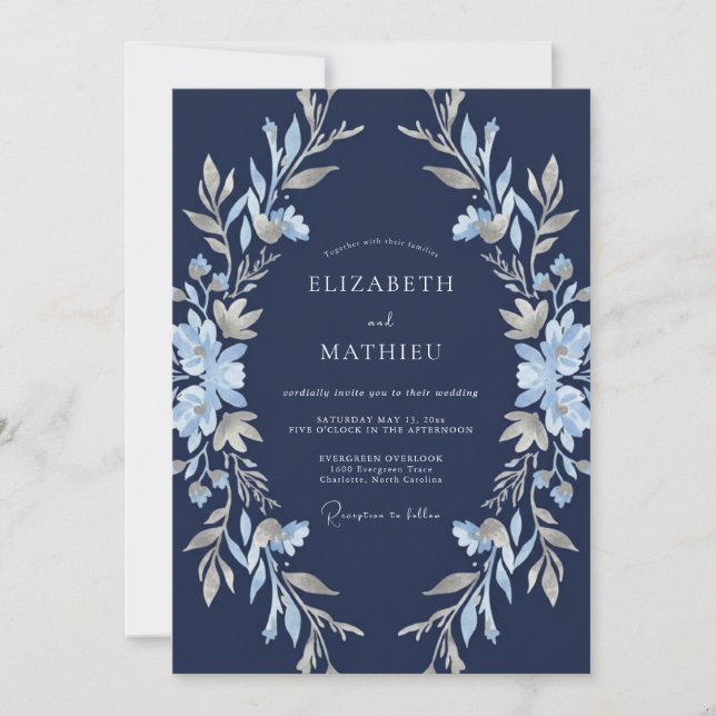 Navy Blue Floral Winter Wedding Invitation (Front)