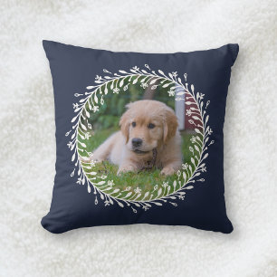 Navy Blue Floral Wreath Puppy Dog Photo Throw Pillow