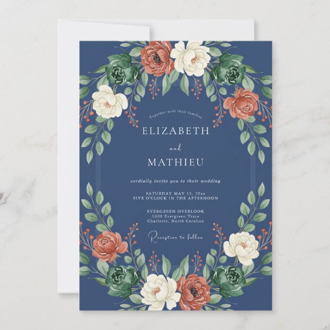 Navy Blue Floral Wreath Wedding Invitation (Front)