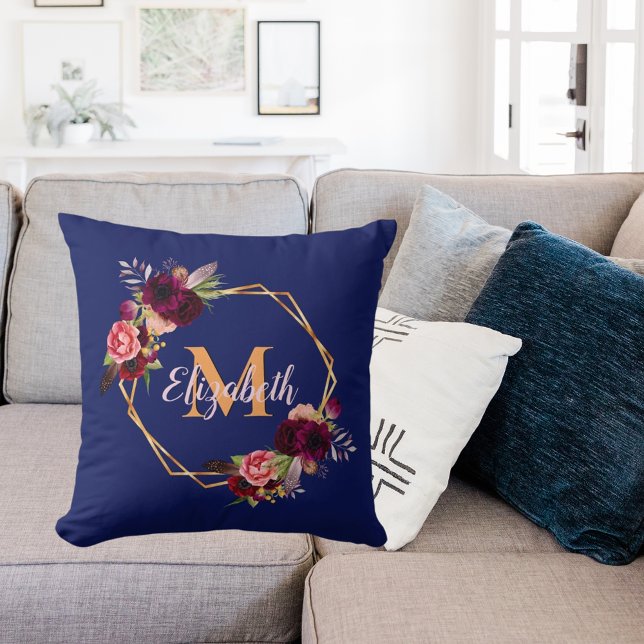 Navy blue florals gold geometric monogram name throw pillow (Creator Uploaded)