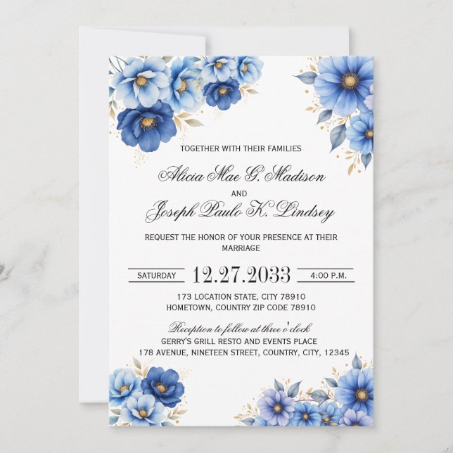 Navy Blue Florals Modern Wedding Invitation (Front)