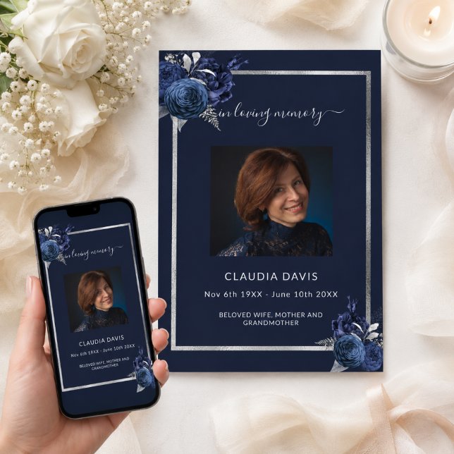Navy blue florals silver photo funeral program (Creator Uploaded)