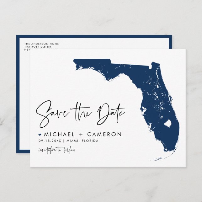 Navy Blue Florida State Map QR Code Save the Date Announcement Postcard (Front/Back)