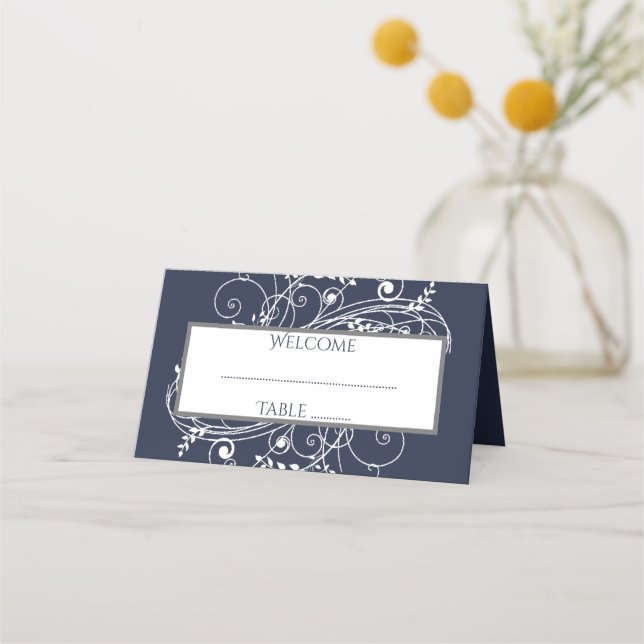 Navy Blue Flourish Reception Place Card (Front)