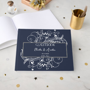 Navy Blue Flourish Wedding Guest Book