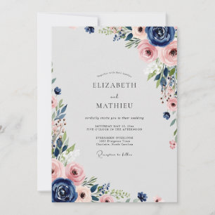 Navy Blue Flourishing Spring Wedding Invitation
