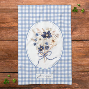 Navy Blue Flower Bouquet Gingham Personalized Kitchen Towel