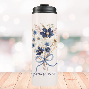 Navy Blue Flower Bouquet Personalized Floral Thermal Tumbler