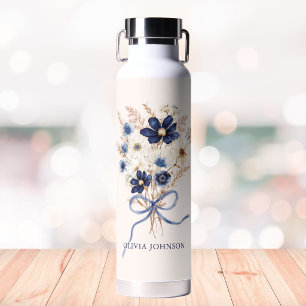 Navy Blue Flower Bouquet Personalized Floral Water Bottle