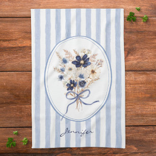Navy Blue Flower Floral Stripes Personalized Kitchen Towel