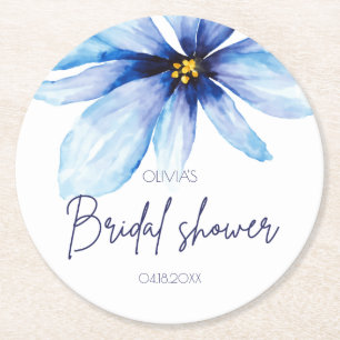 Navy blue Flower Minimalist elegant Bridal Shower Round Paper Coaster