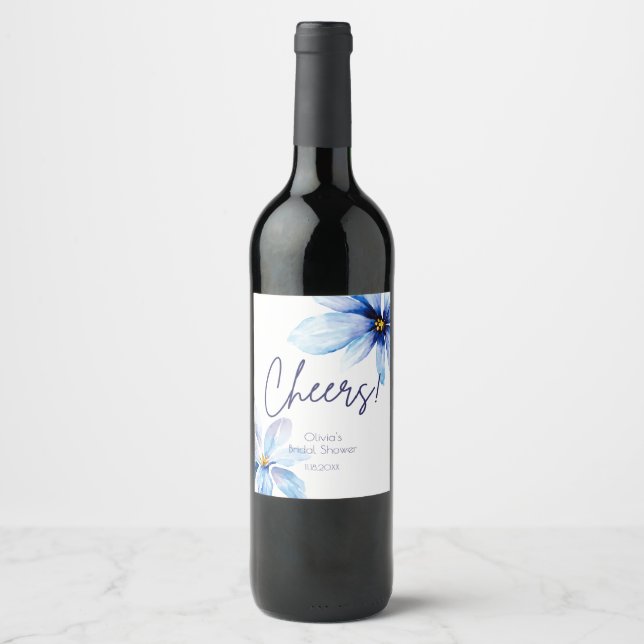 Navy blue Flower Minimalist elegant Bridal Shower Wine Label (Front)