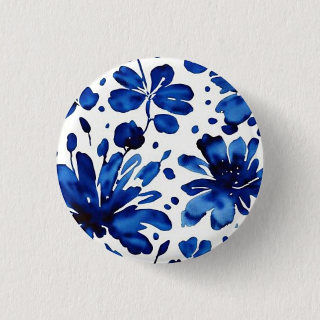 Navy blue flower pattern 1 inch round button (Front)
