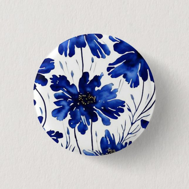 Navy blue flower pattern 1 inch round button (Front)