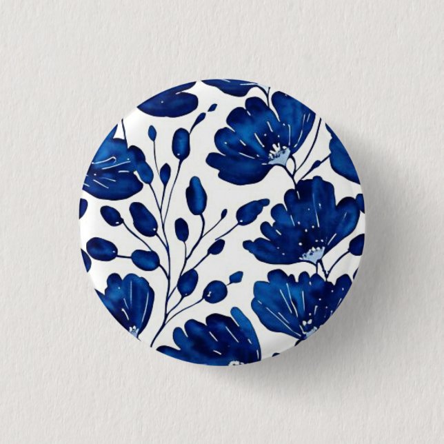 Navy blue flower pattern 1 inch round button (Front)