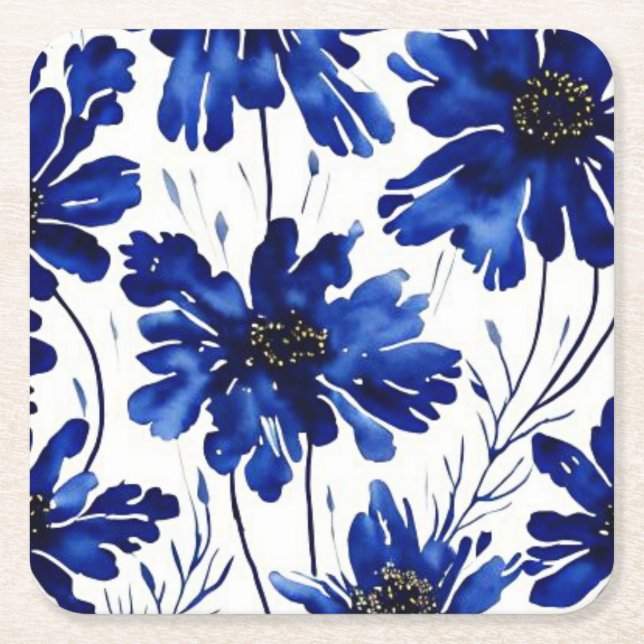 Navy blue flower pattern square paper coaster (Front)