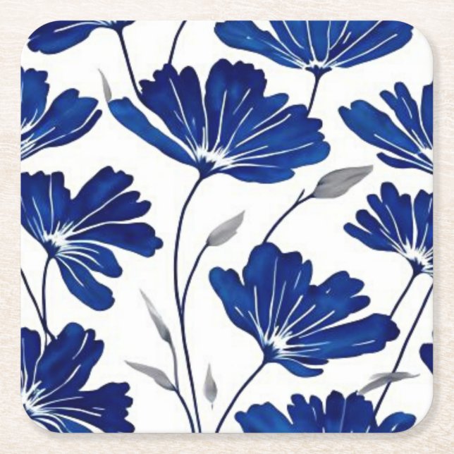 Navy blue flower pattern square paper coaster (Front)
