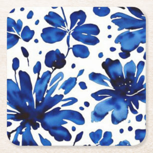 Navy blue flower pattern square paper coaster