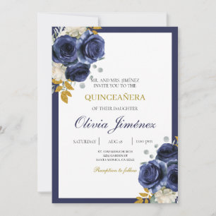 Navy blue flower quinceañera  invitation