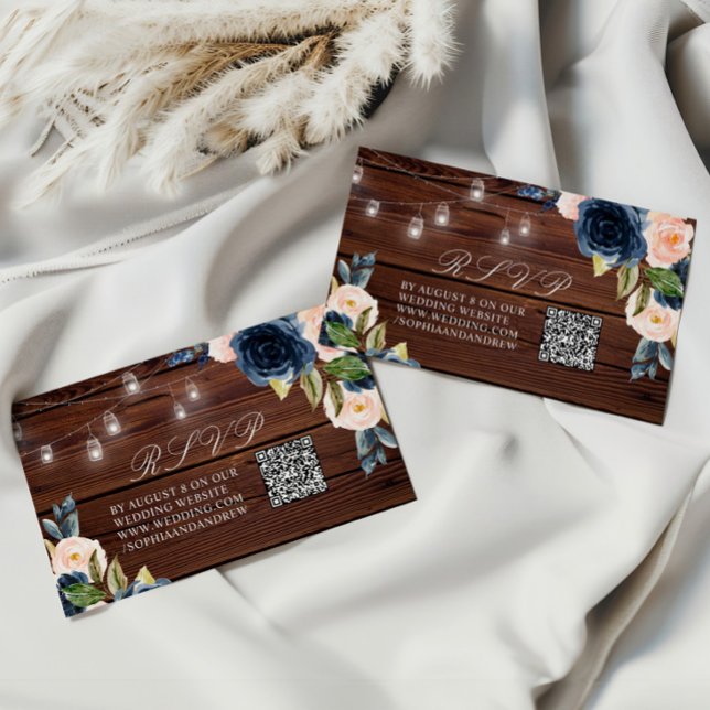 Navy Blue Flower Rustic Wedding QR RSVP Enclosure Card (Creator Uploaded)