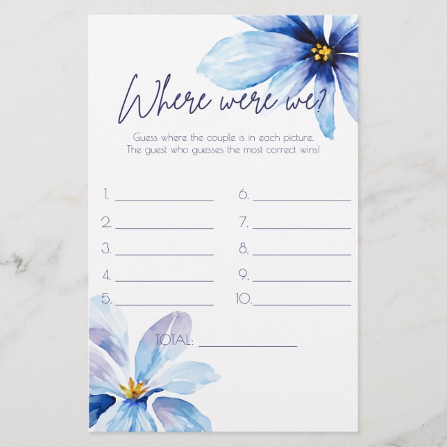 Navy blue Flower Where were we bridal shower game (Front)