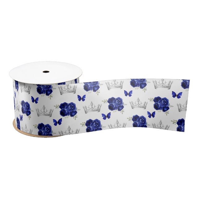 Navy Blue Flowers and Silver Crowns Satin Ribbon (Spool)