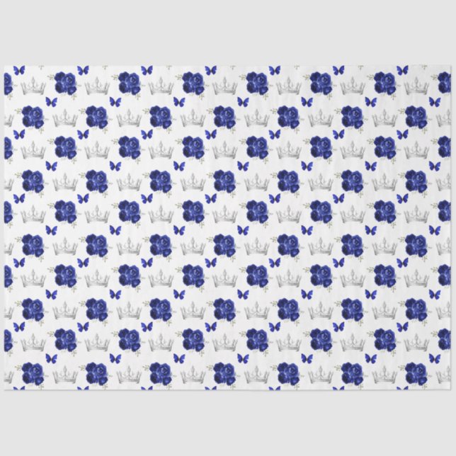 Navy Blue Flowers and Silver Crowns Tissue Paper (Front)