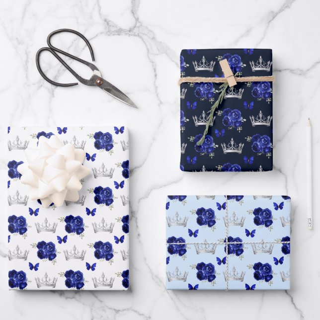 Navy Blue Flowers and Silver Crowns Wrapping Paper Sheet (Front)