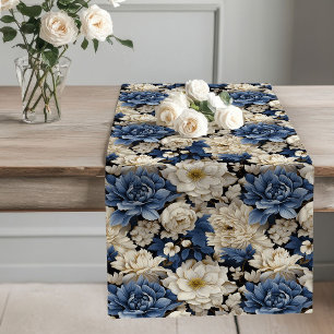 Navy Blue Flowers Elegant Table Decor Runner