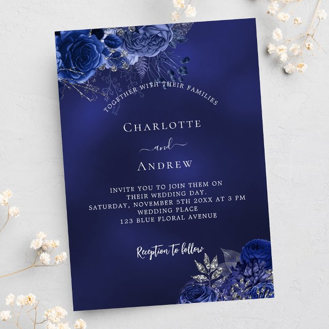 Navy blue flowers elegant wedding invitation postcard (Creator Uploaded)