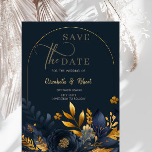Navy Blue Flowers Gold Leaves Flat Save The Date 